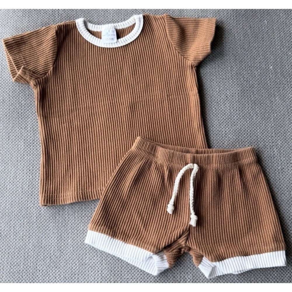 Little One Shop Ribbed Set 12-18M Brown Neutral Outfit Shirt Shorts Matching